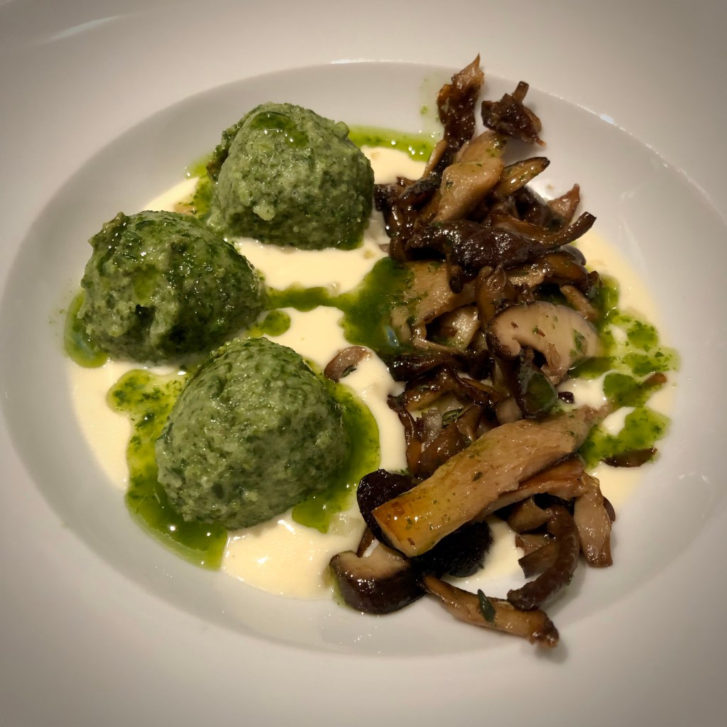 Spinach Gnudi with Parmesan Sauce and Sautéed Mushrooms