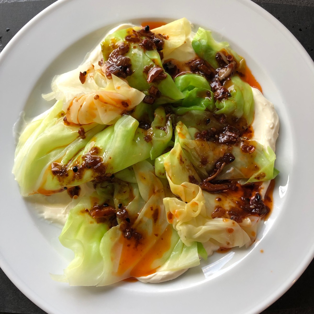 Cabbage with Ginger Cream and Szechuan Chili Oil by Yotam Ottolenghi